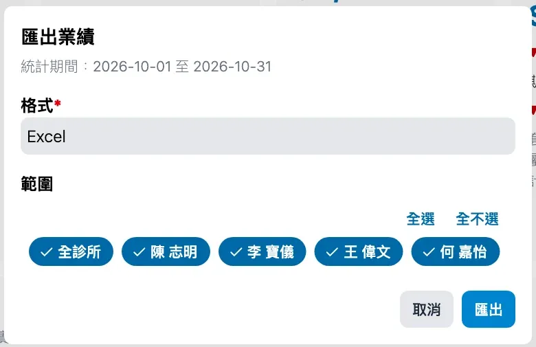 匯出業績：選擇格式及職員（虛構資料）